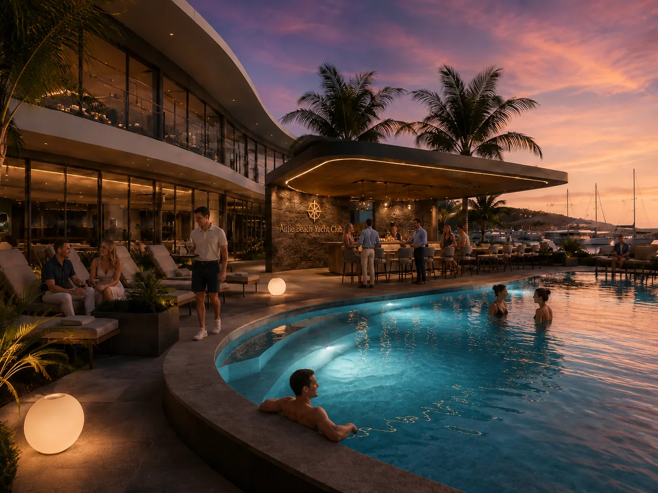 Airlie Beach Yacht Club waterfront hospitality concept at sunset